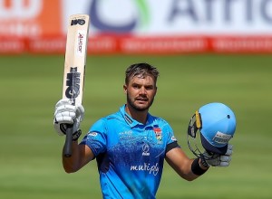 PRETORIA, SOUTH AFRICA - MARCH 31: Aiden Markram of the Multiply Titans raises his bat on scoring his hundred during the Momentum One-Day Cup final match between Multiply Titans and Hollywoodbets Dolphins at SuperSport Park on March 31, 2019 in Pretoria, South Africa. (Photo by Gordon Arons/Gallo Images)