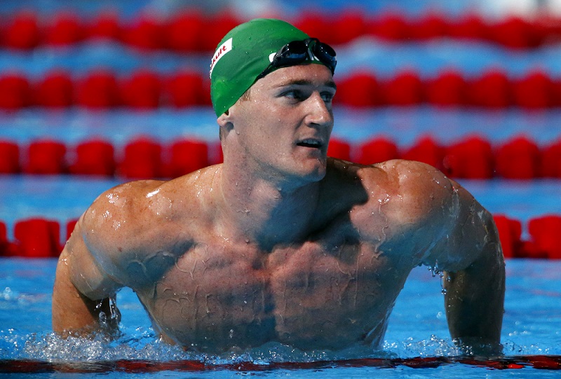 South Africa’s van der Burgh reacts after competing in the men’s 50m breaststroke semi-final during the World Swimming Championships at the Sant Jordi arena in Barcelona